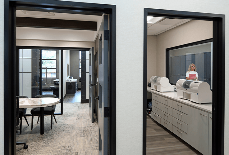 Hallway leading to dental consultation room and storage area