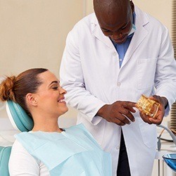 dentist showing woman a model of smile