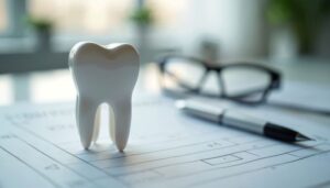 Tooth model sitting on top of insurance document 